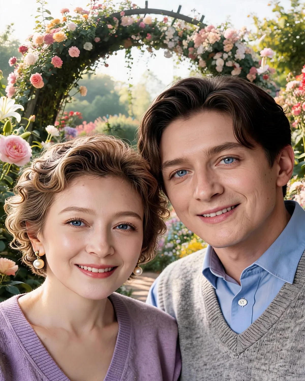 Example: the same couple young again, side by side and smiling in a sunlit paradise flower garden
